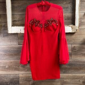Ladies Red Sexy Flared Sleeve Sequined Cocktail Dress, Size Medium, Vintage